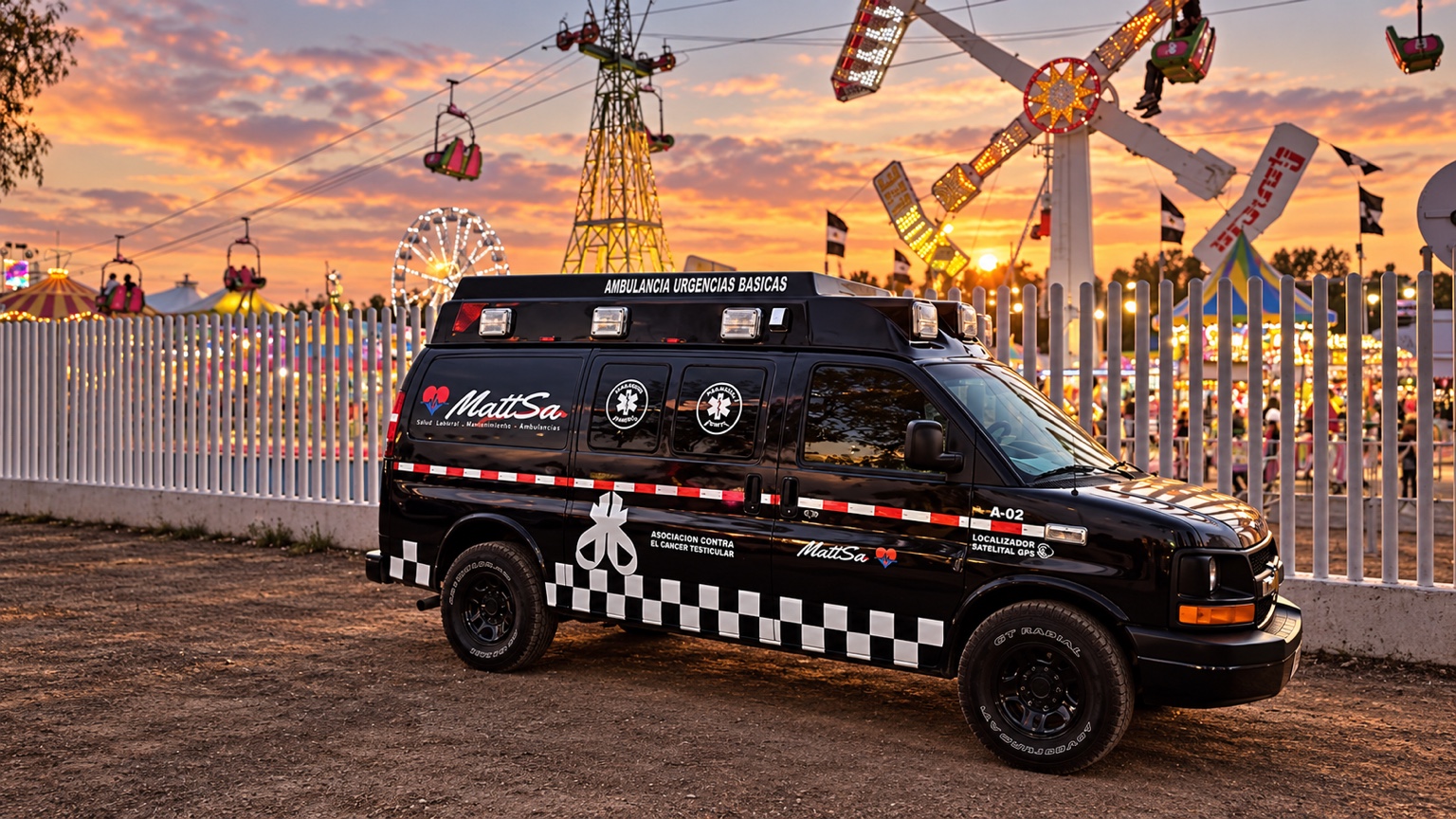 Ambulancia negra Mattsa en un recinto de feria al atardecer
